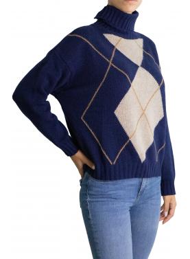 Maglione con rombi bicolore  collo alto misto cashmere